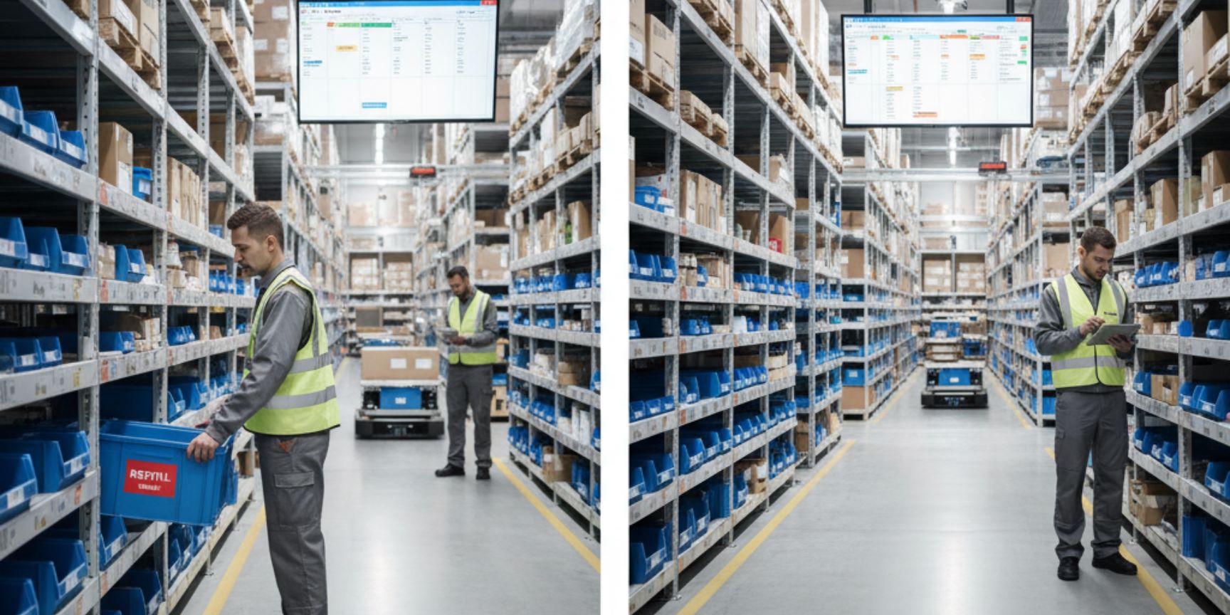 A logistics worker in work clothes taking an empty blue container labeled
